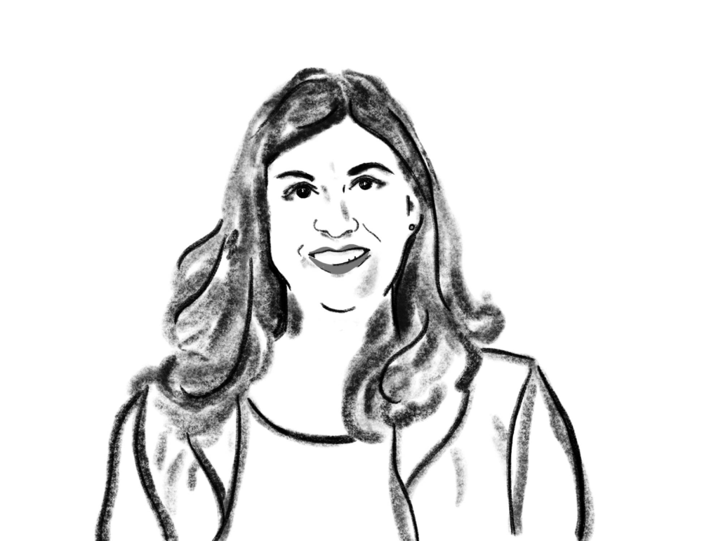 Digital gezeichnetes schwarz-weiß Portrait einer weiblich gelesenen Person mit langen Haaren.